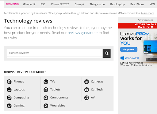 Screenshot of a product review site; link building for ecommerce sites