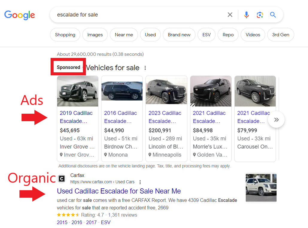 search results organic and ads example 65260d789df80 sej - SEO Vs. PPC: Pros, Cons & Differences