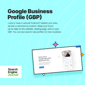 Graphic promoting Google Business Profile updates, featuring text about benefits of updating local area served and hours for enhanced local SEO, and an image of a laptop displaying a business profile.