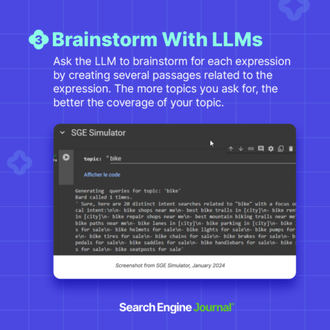 Step 3: Brainstorm with LLMs. Screenshot shows a code interface of Google's Search Generative Experience (SGE) Simulator generating queries related to "bike." Instructions are to ask the LLM to create passages on various topics for better coverage, revolutionizing SEO strategies.