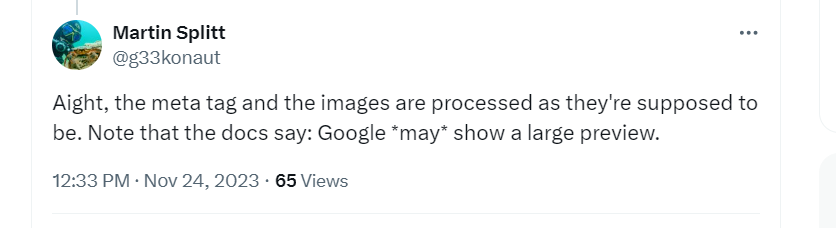 Google discover images may not appear large even if max-image-preview:large setting exist in robots meta tag.