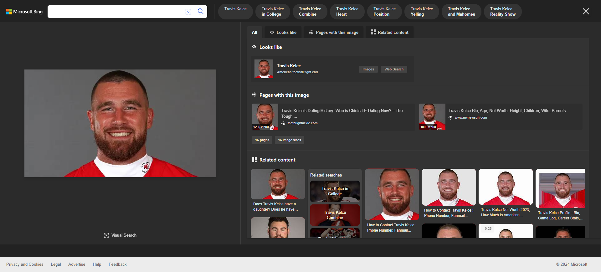 Screenshot of Microsoft Bing Visual Search results for a photo of Travis Kelce, Bing, July 2024