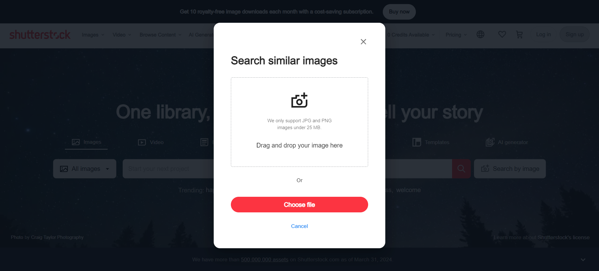 Screenshot of “Search similar images” upload screen, Shutterstock, July 2024