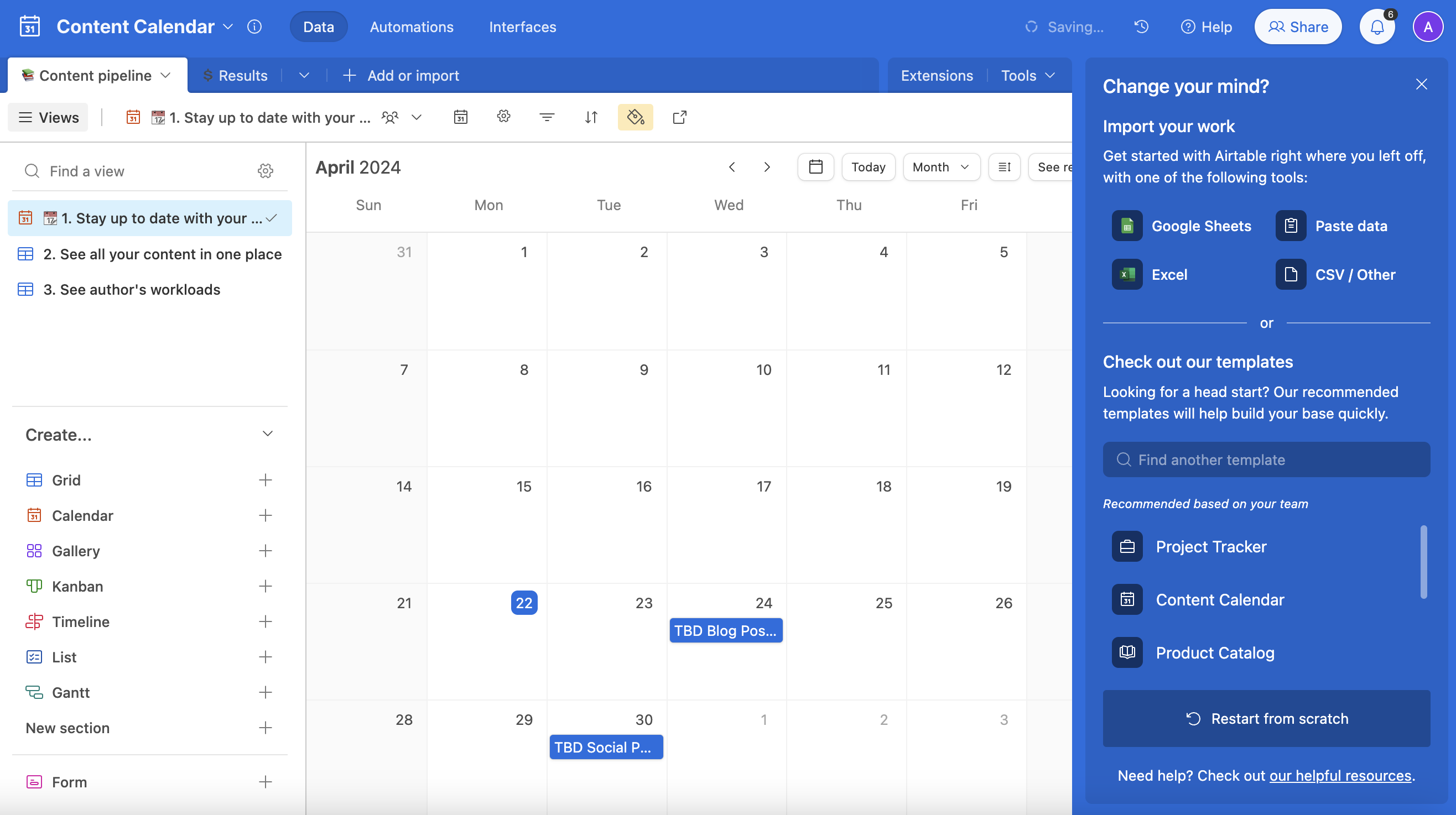 A screenshot displaying an Airtable content calendar interface with content calendar templates for 2024, days of April highlighted, and a task titled "tbd blog post" scheduled for April 29th. Various sidebar