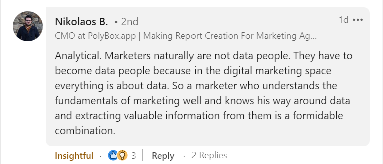 Captura de pantalla de una publicación de LinkedIn de Nikolaos B., que analiza cómo los especialistas en marketing deben adquirir conocimientos de datos.