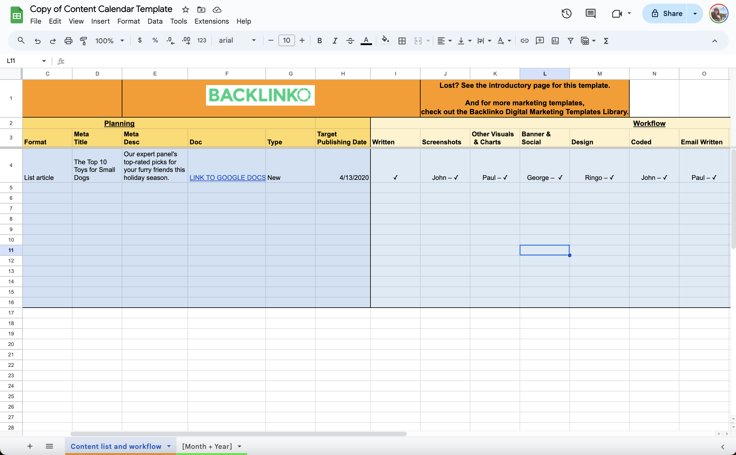 A screenshot of Backlinko content calendar template spreadsheet featuring columns for date, format, title, main message, tasks, owner, banner, design. 
