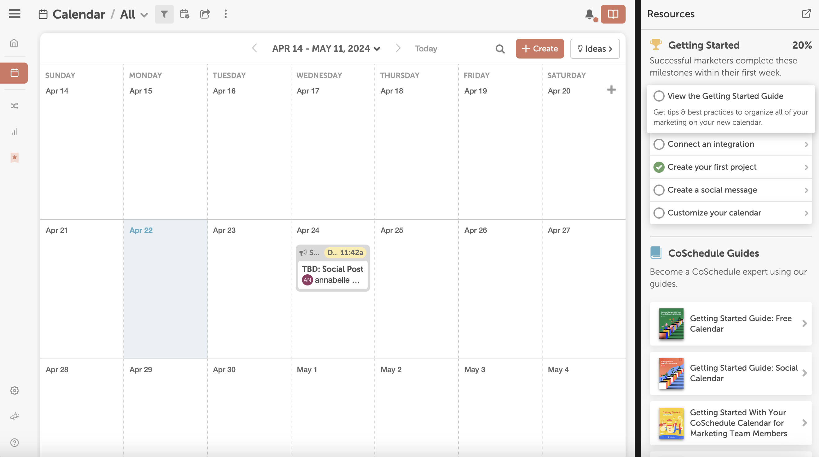 CoSchedule content calendar interface with various scheduled tasks and events such as marketing projects, social posts, and guide creation.