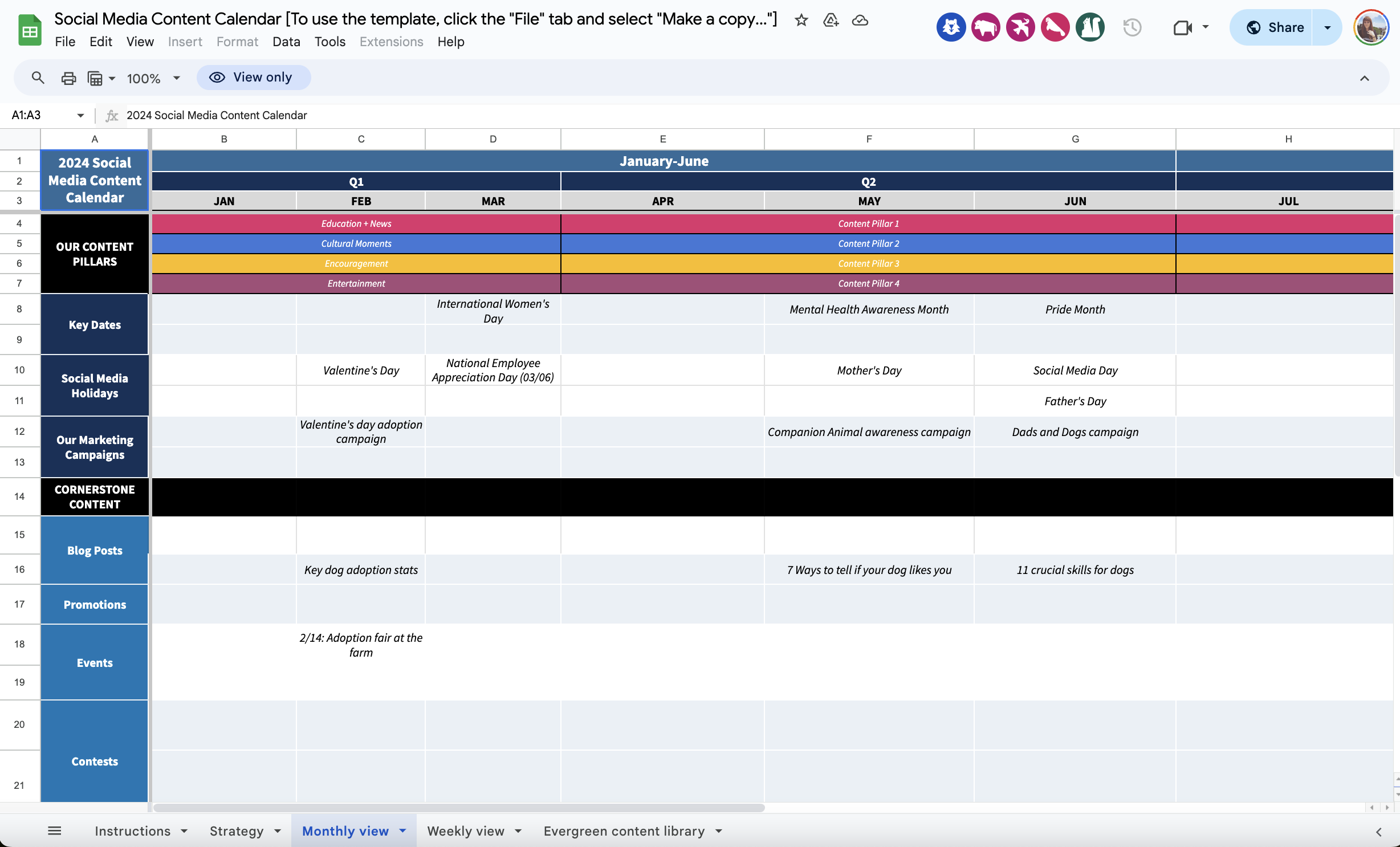 Screenshot of the Hootsuite social media content calendar template digital spreadsheet. The calendar is labeled by months and weeks, with colored bars indicating planned content themes and dates for various social events.