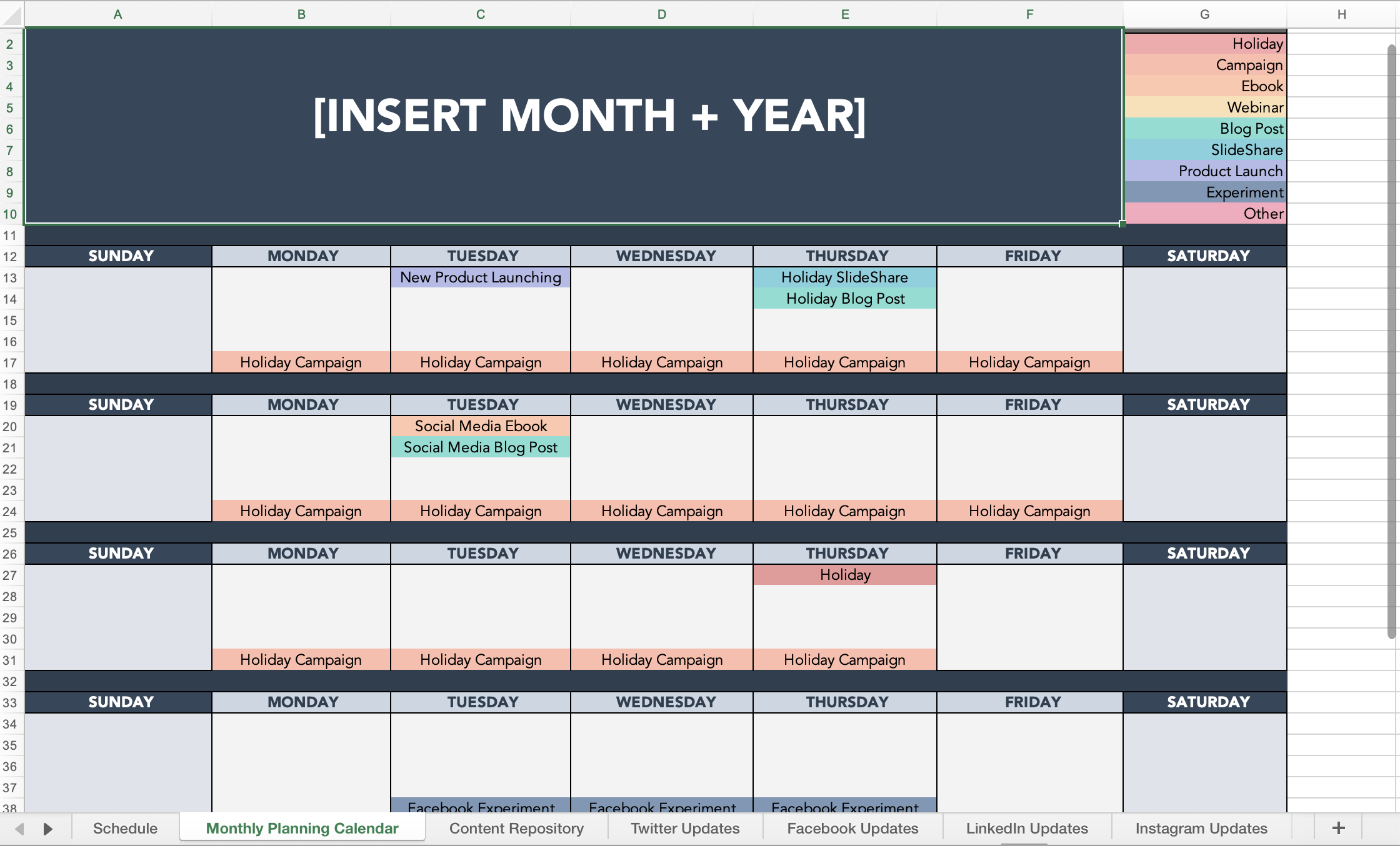 Screenshot of HubSpot Social Media Content calendar Template for 2024 filled with events and campaign details such as "holiday campaign" and "content repository" across various days, with color-coded categories for organization.