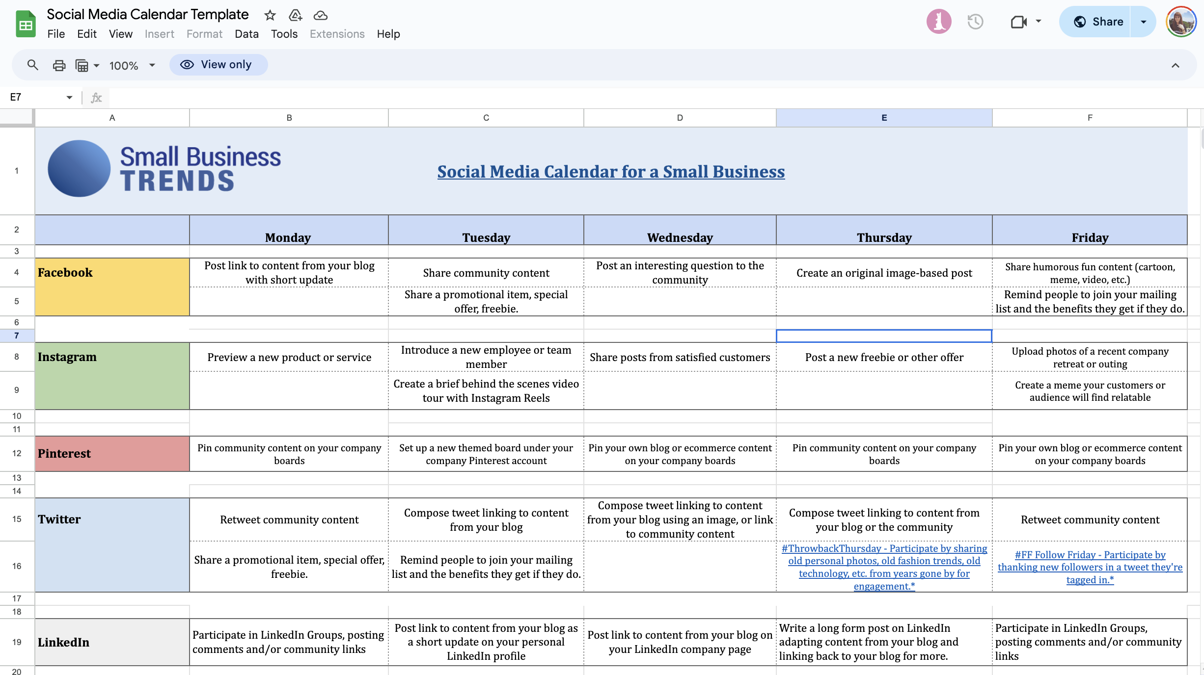 Screenshot of the best content calendar spreadsheet for 2024. The layout includes tabs for different platforms like Facebook, Instagram, Pinterest, Twitter, and LinkedIn with detailed daily posting strategies.