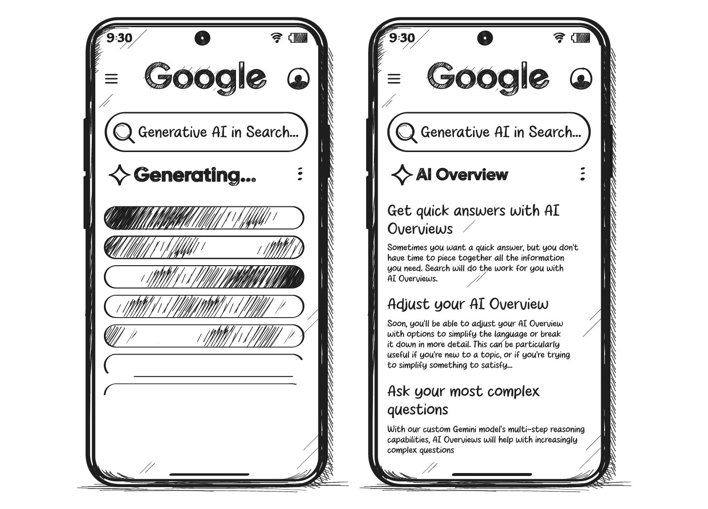 Two smartphone screens displaying Google search features.