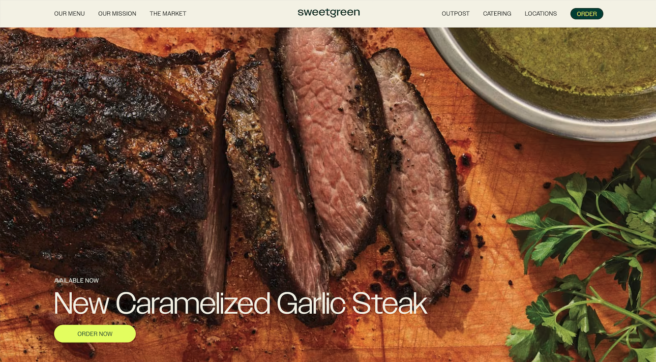 sweetgreen homepage with steak