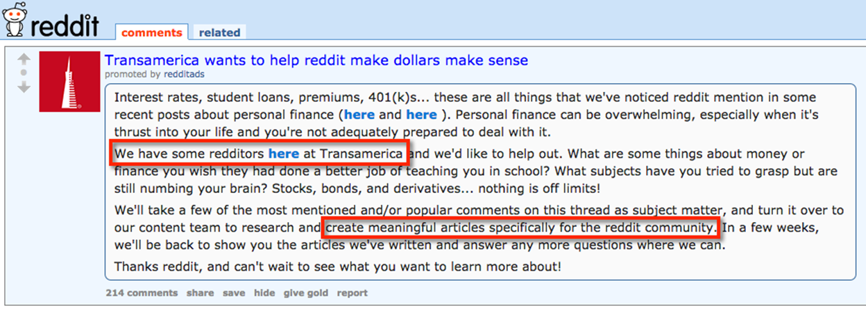 transamericas campaign on reddit 70 - Why Every Marketer Should Be On Reddit