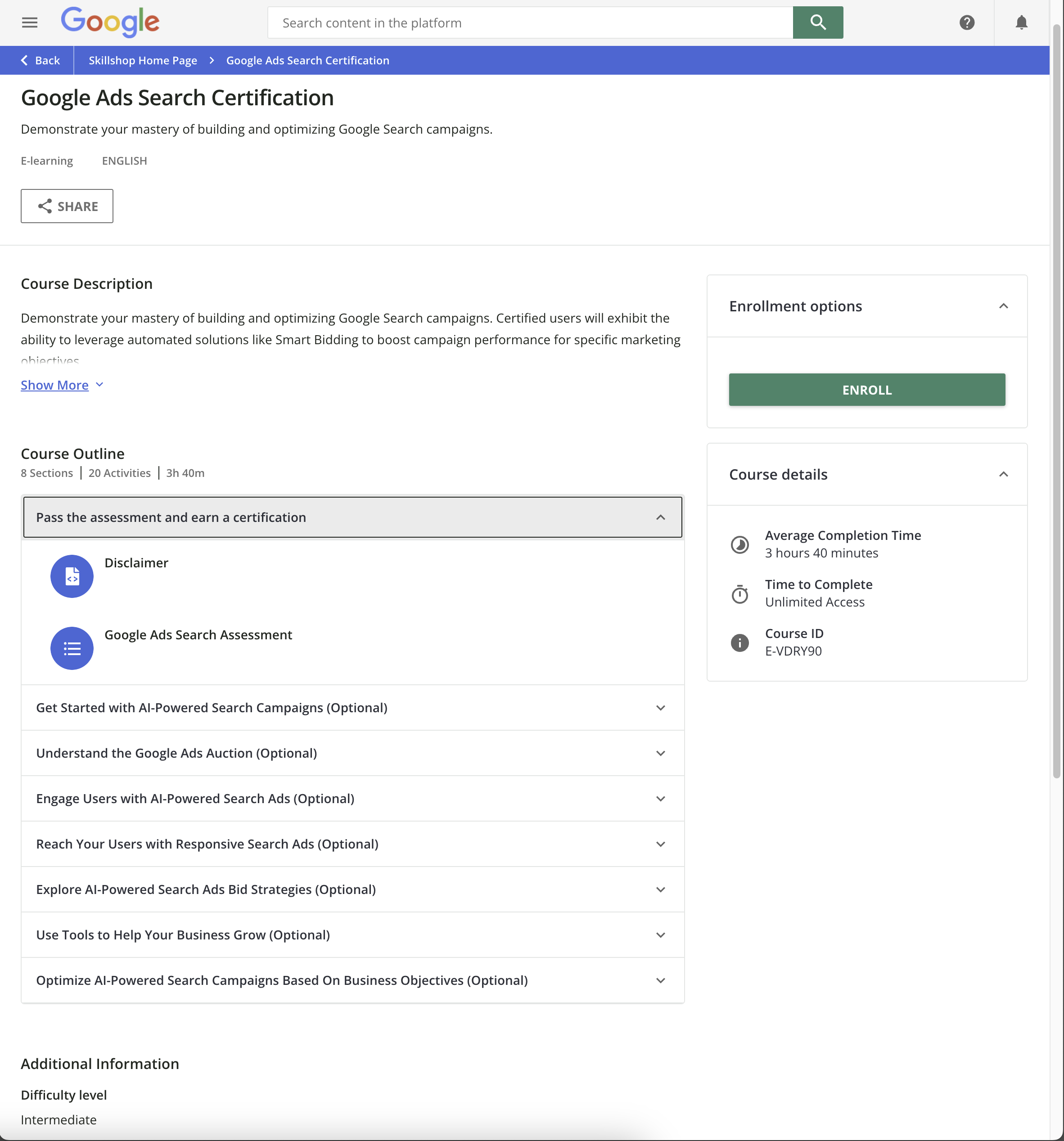 Detalles de la certificación de Google Ads