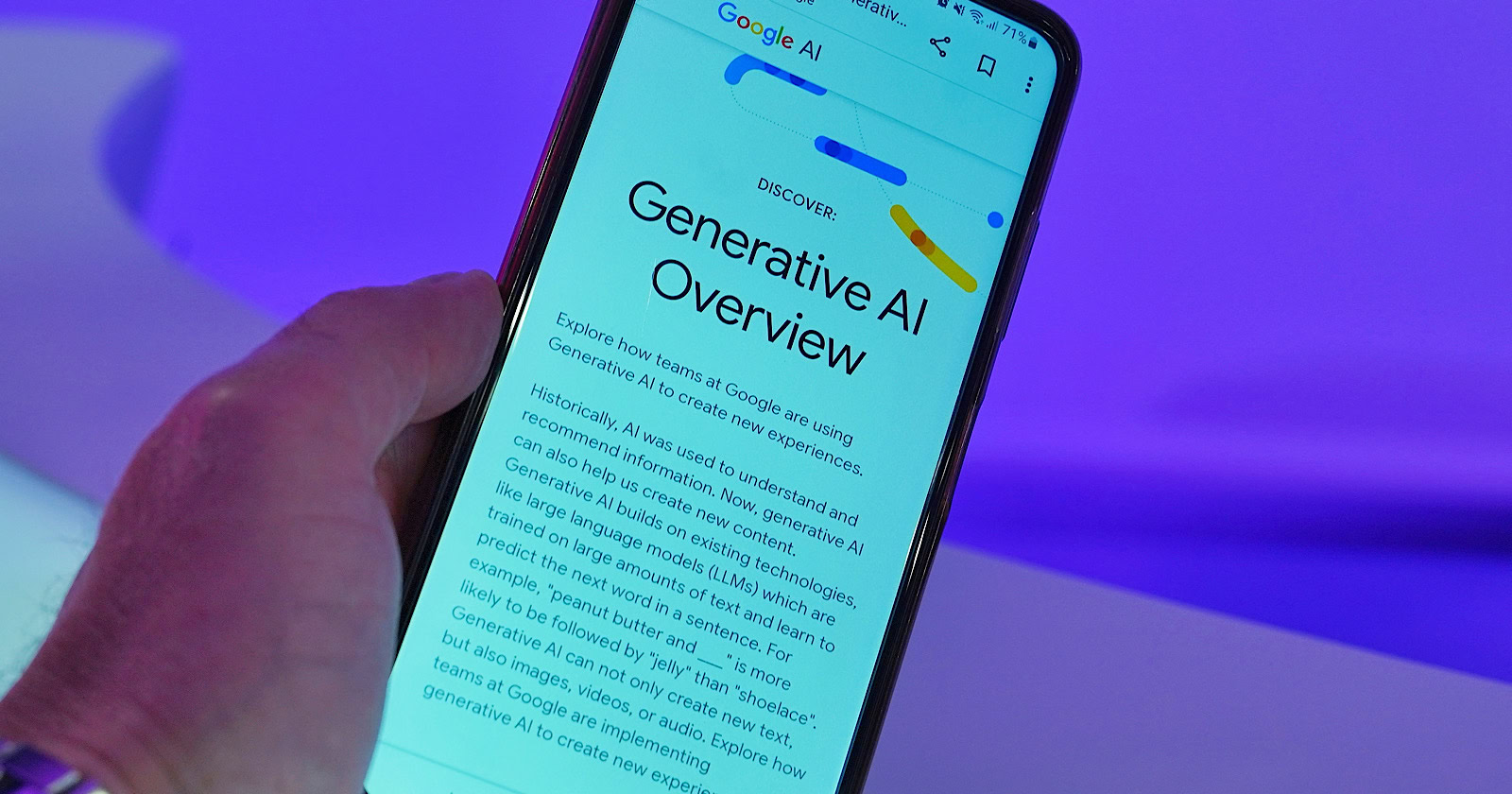 Photo of a mobile device in mans hand with generative google AI Overview on the screen.