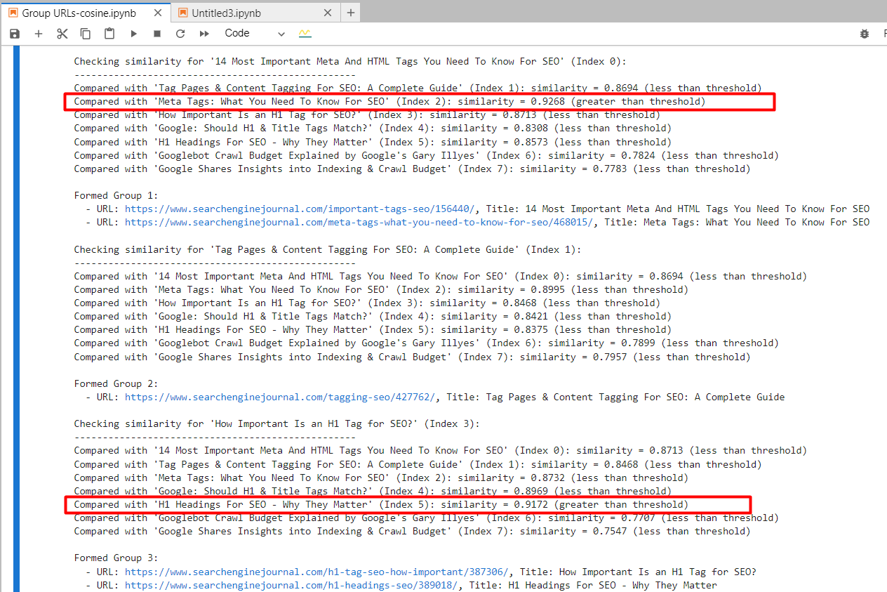 Screenshot of Jupyter log showing cosine similarity