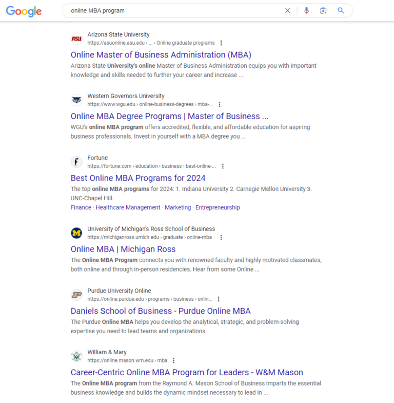 Google search results [online MBA program]