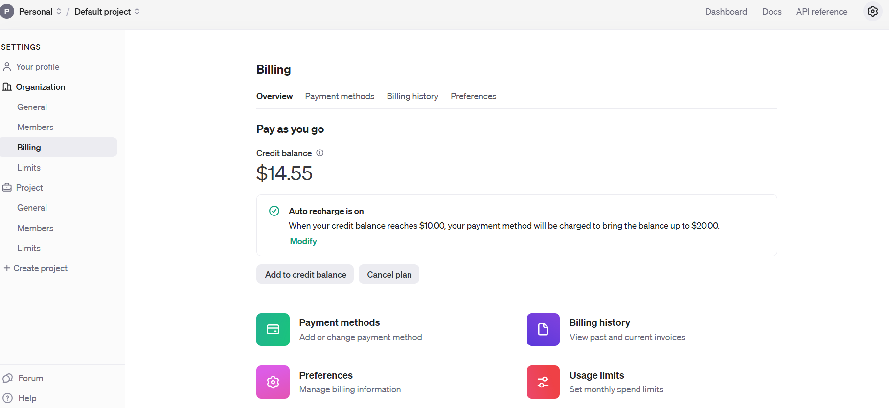 Open AI Api Billing settings