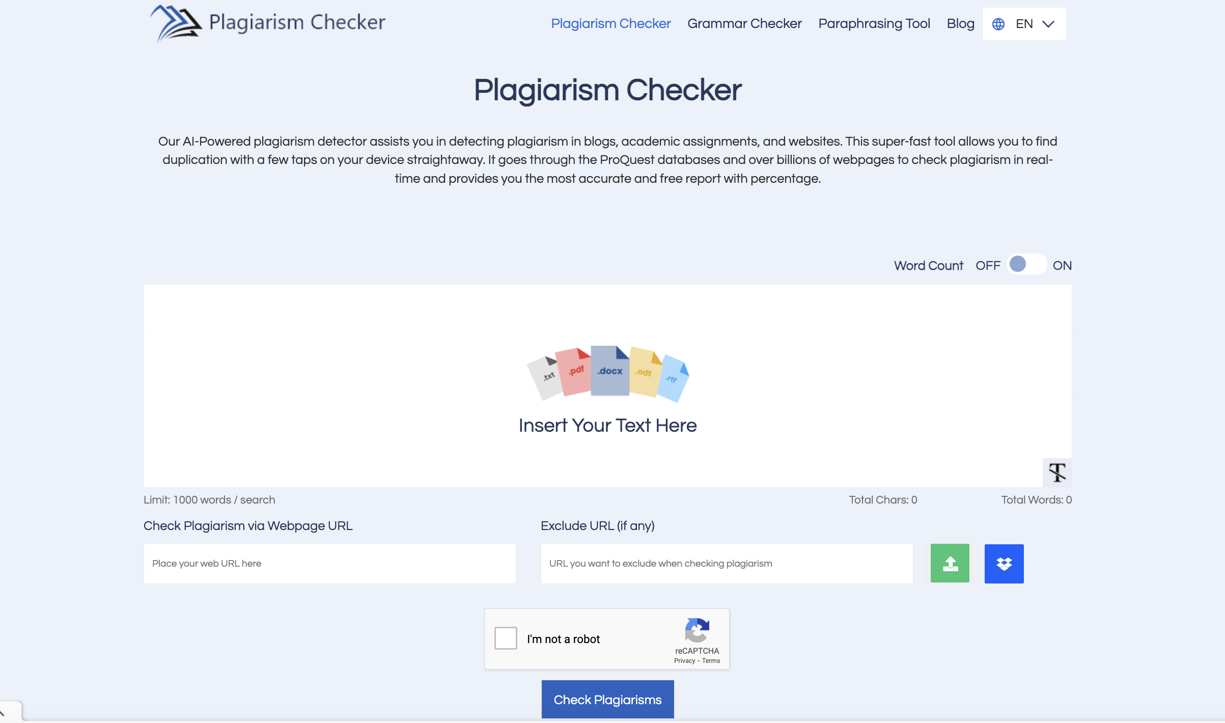 Screenshot of Plagiarism Checker tool showing a text box to insert text, options to check plagiarism via URL, and buttons for grammar checking, paraphrasing, and various other settings.