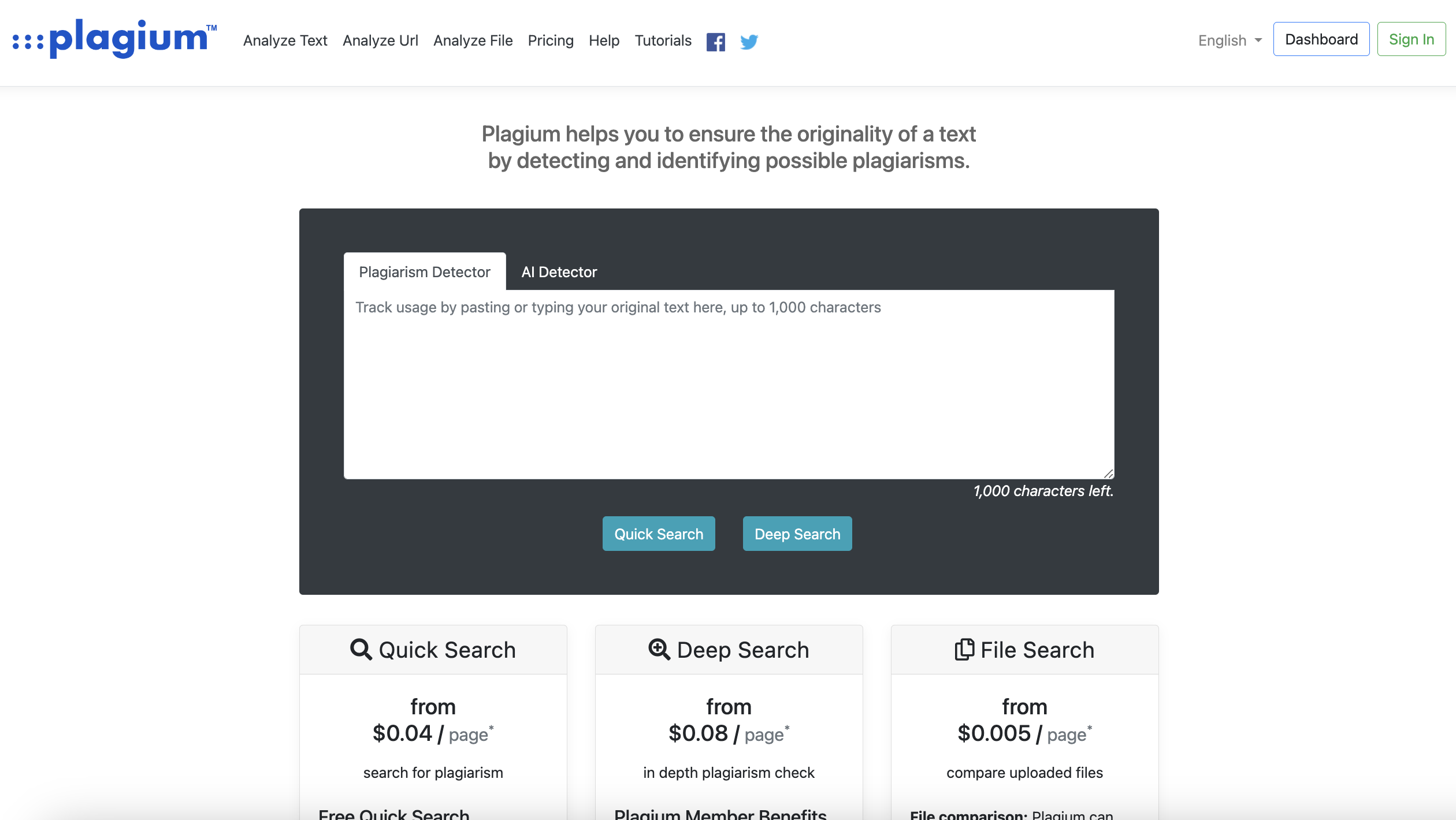 Screenshot of Plagium's plagiarism detection interface, featuring options for quick search, deep search, and file search with pricing details below. 