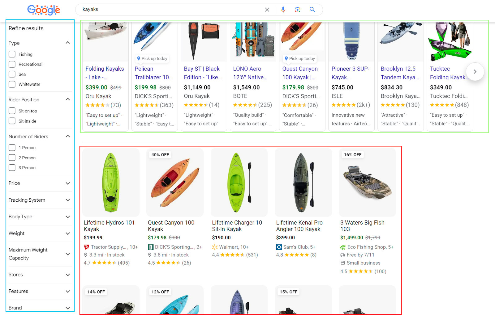 Google hunt  for kayaks