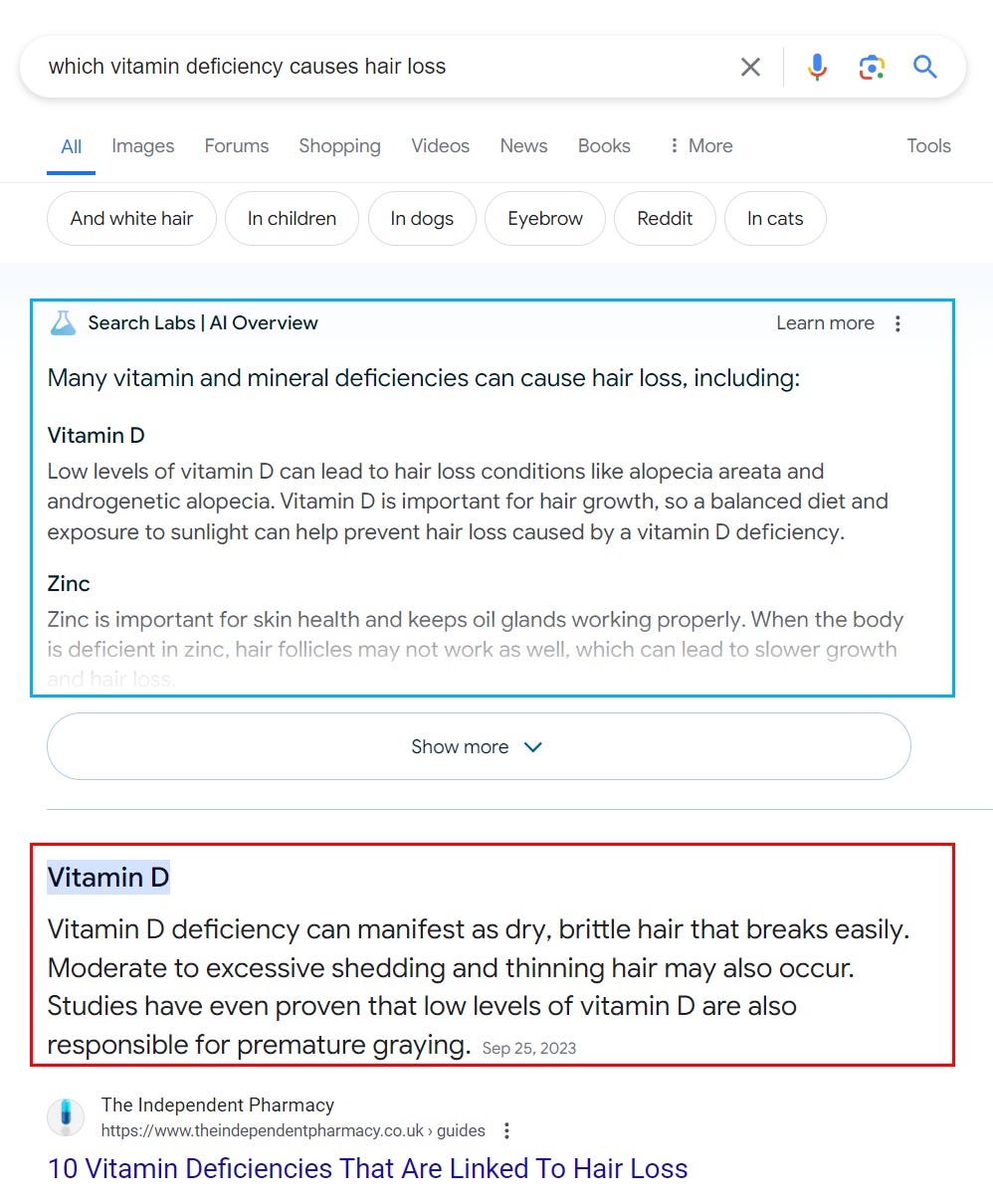 A Google search result page detailing information on vitamins and hair loss, with citations emphasizing that Vitamin D deficiency can lead to dry, brittle hair prone to breaking easily and increased shedding and thinning.