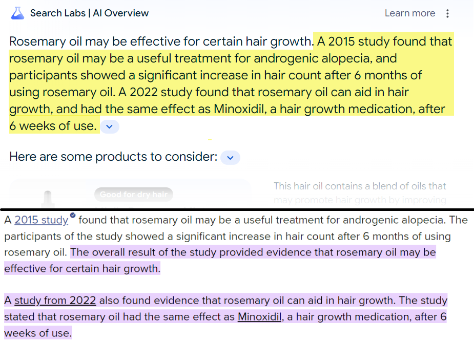 Highlighted text comparing studies from 2015 and 2022 on the effectiveness of rosemary oil for hair growth, noting its potential treatment for androgenic alopecia similar to Minoxidil after 6 weeks of use, cited fewer AIOs overall.