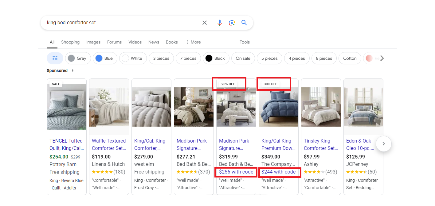 Requête de recherche Google « parures de lit king size » avec les résultats des annonces Google Shopping.