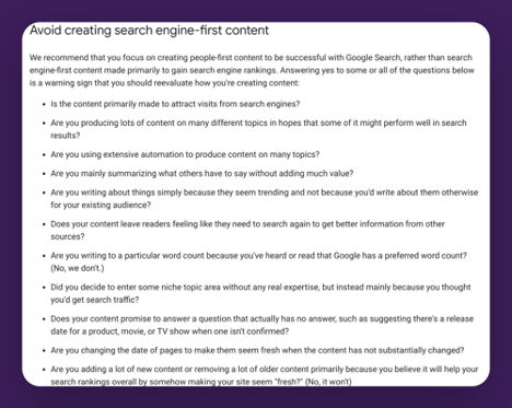 Avoid creating search engine focused content