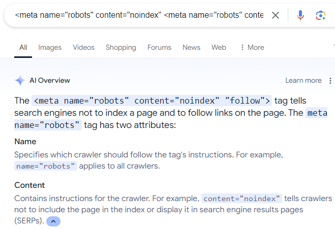A screenshot of Google's AI Overviews recommending an erroneous robots directive configuration 