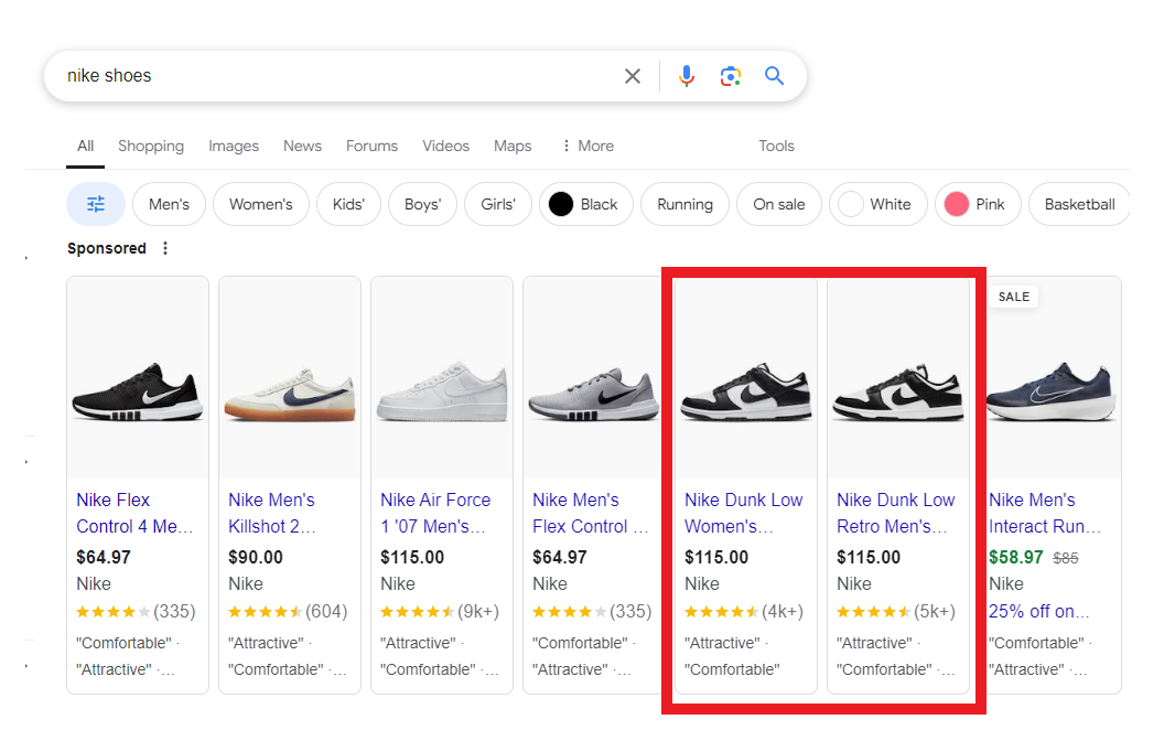 Example of a Google hunt  with the query of 'Nike shoes' showing Shopping advertisement  examples.