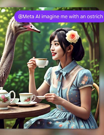 Screenshot of a photograph of a woman that's altered using Meta AI to show her having tea with an ostrich