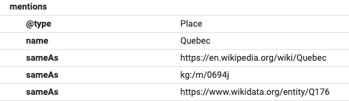 Entity linking example - disambiguating the place Quebec by linking it to the corresponding entity found in wikipedia, wikidata, and the Google Knowledge Graph