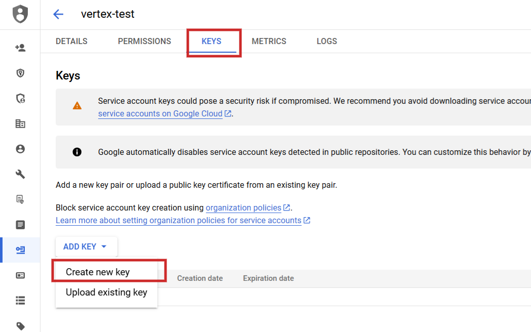 Step 2: Add New Key under Keys Tab of Service Account