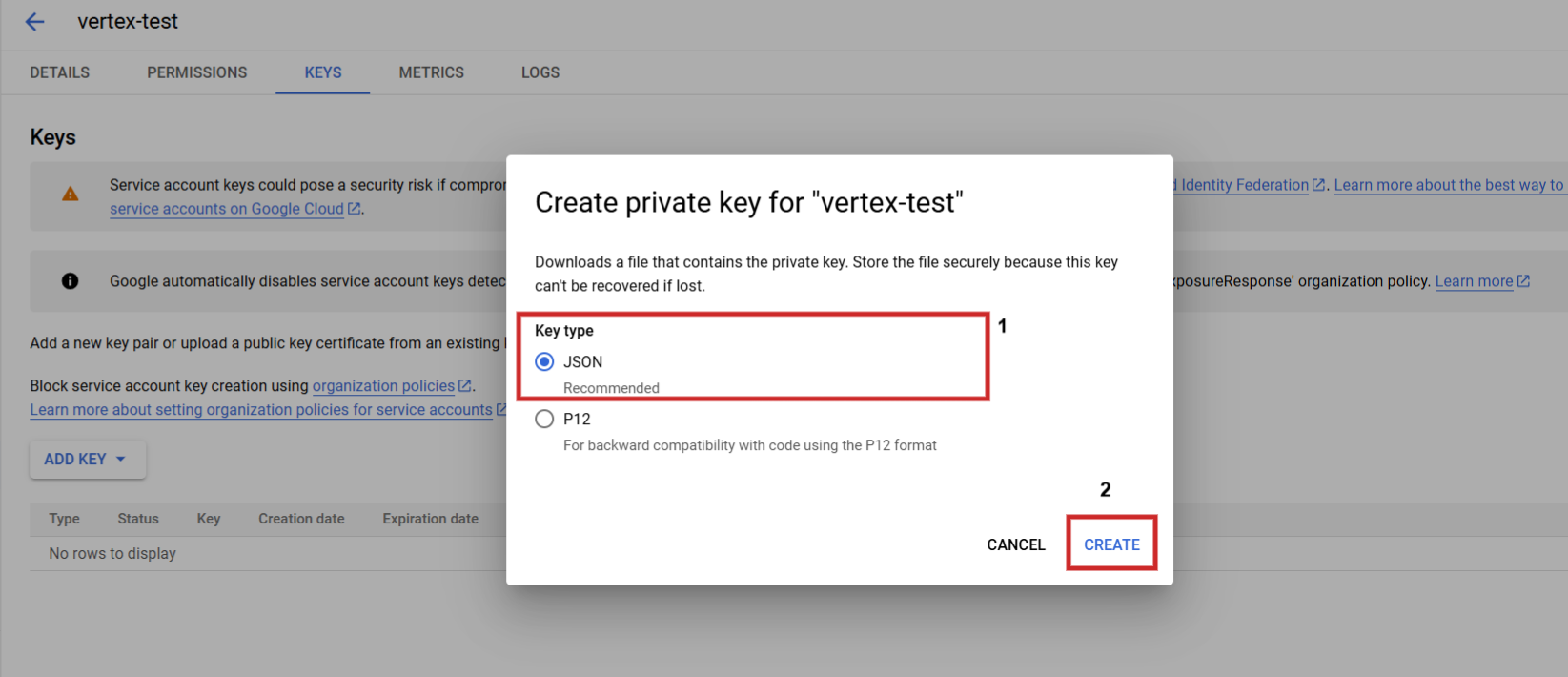 Step 3: Create a JSON key