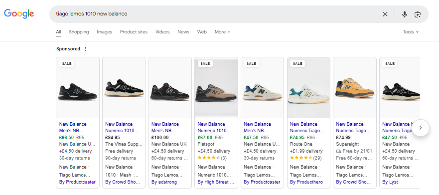 Screenshot of the Google Shopping results when a search is made for 'Tiago Lemos 1010 New Balance' 