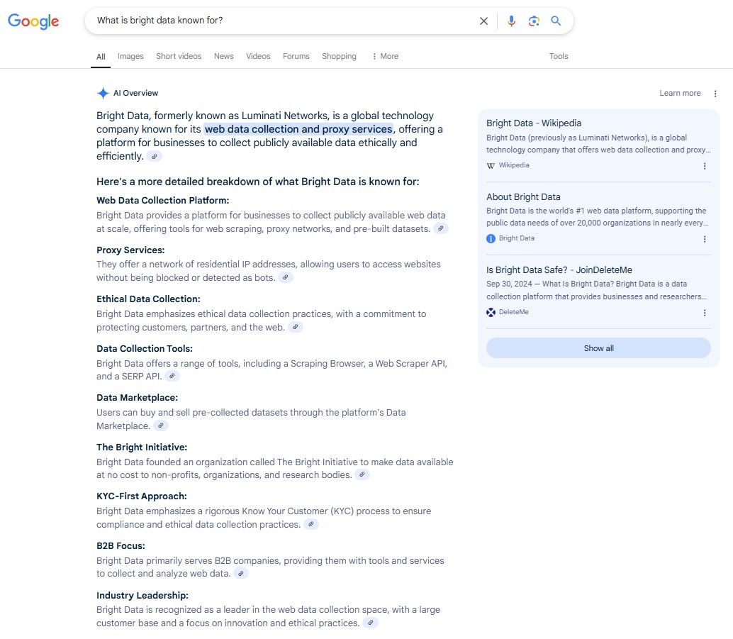 Google AIO response for "What is Bright Data?"